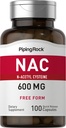 Piping Rock NAC Tambahan N- Acetyl Cysteine 124; 600mg 124; 100 Capsules 124; Form Pills Bebas 124; Non-GMO, Gluten Free Suplemen