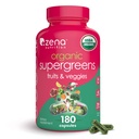 Zena Nutrition Organic Super Greens Fruit & Vegies Suplement, 70 + Superfood from Fruit & Vegetable, 3g Fiber, Spirulina, Chlorella, Pregories & Progories, Digetical Enzymes, 180 Capsules