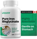 Vitasave Iron Bisglycinate - High Absorpsi Iron Suplement for Energy, Anemia & Imune Support - Gentle on Stomach - Vegan, Non-GMO, Gluten- Free - 120 Capsules (Made in Canada)