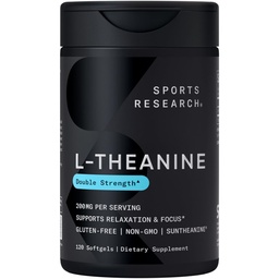 Sports Research Double Strength L-Theanine Supplement - Suntheanine Softgels for Focus, Relaxation & Alertness - Non-Drowsy Support Made with Coconut Oil, Non-GMO & Gluten Free - 200mg, 120 Count