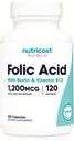 Nutricost Acid for Women (Vitamin B9) 1200 mcg, 120 Capsules, dengan B12 dan Biotin, Veggie Caps, Non- GMO & Gluten Bebas