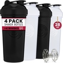 GOMOYO 4-Pack - 28 Ounce Protein Shake Bottle for Mixes, 4xWire Whisk, Leak Providence Bulk Suplement Mixes dan Pre-Workout Shaker, Dishwasher Safe & BPA Free, Black & White