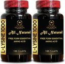L-LYSINE 1000 mg Formulir Bebas Amino Esid - Kesehatan Lip, Tambahan Lysine L-Lysine 1000mg, Tambahan Amino Acid untuk Dukungan Imune & Gum, Gluten Free - 2 Botol 200 Counts