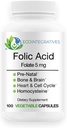 Acid Folic Flete 5mg (B9) Prenatal, Reproduktif Health, Homocysteine, Metabolisme, Cardiovascular, Bone, Imune Dukung, Allergen Bebas, Non GMO - 100 Vegan Capsules