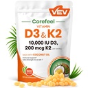 VEV Corefeel Vitamin D3 10.000 IU, 200 mcg MK-7, 300 Coconut Oil Softgels, 2 in 1 Vitamin Supplemen D & K (Comclude MK7), Easy to Swallow, Support Calcium Absorpsi, Bone Health