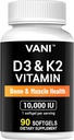 VANI Vitamin D3 (1000iu / 250mcg) + K2 (sebagai Mk7), untuk Bone & Muscle & Teeth Health, 90 SOFTGELS