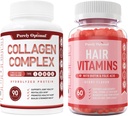 Purely Optimal Premium Multi Collagen Peptides Capsules (Types I, II, V, X) + Premium Vitamin Rambut Suplemen - Gummy Vitamin w / Biotin, Acid Folic, Vitamin A & D