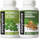 STAY ALVE Moringa dan Ashwagandha Bundle w / Black Pepper Extract, 240 Vegan pills, Non-GMO & Gluten Free Ashwagandha Moringa Suppplemen 2 Pack