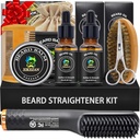 XIKEZAN Beard Kit for Men Grooming & Straightening Set, w / Beard Straightener, 2 Pack Oil, Balm, Cob, Gunting, Brush, Birth Valentines Gifts for Him Dad Girlfriend Stuffers