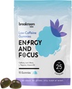 Breakroom Labs Energy and Focus Gummies - Low Caffeine 25mg w / L- Theanine, Lions Mane, Vitamin B12 - Nootropic Brain Suplemen untuk Dewasa, Anak-Anak - Vegan, Rendah Gula, Raspberry Biru Flavor, 15 Hamba