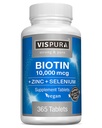 Biotin 10000 mcg + Zinc + Selenium, Pure, Vegan & Extra Suplemen Terbaik untuk Perkembangan Rambut, Glowing Skin, Nails Kuat *, 365 Tablet selama 12 Bulan, Natural Without Addents