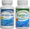 Fortifeye Blue Light dan Heart Health Support Bundle 124; Super Omega-3 Max Fish Oil, 60 Softgels, dan Fokus Blue Light Defense, 30 Softgels