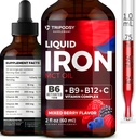 Liquid Iron Suplemen untuk Perempuan dan Pria - Iron Drops dengan B6, B9, B12, Vitamin C untuk Anemia, Pembangun Darah, Ternak untuk Red Blood Cell dan Imune Dukungan MCT Oil (2 Fl Oz, Campuran Berry)