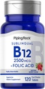 Piping Rock Vitamin B12 Sublingual 124; 2500 mcg 124; 120 Tablet 124; dengan Folic Acid 124; Suplemen Perempuan dan Pria 124; Berry Flavor 124; Vegetarian, Non-GMO, Gluten Free