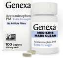 Genexa Clean Acetaminofhen PM 500mg Extra Energy, Dye Free Pain Reliever, Nighttime Sleep Aid, Fever Reducer, 0% Artificial Address, Relieves Headache, Minor Arthritis Pain, 100 tablet