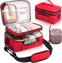 Meds Bag for Traveling with Portable Small Pouch, Double Layer Pill Bottle Organizer Case with Lockable Zippers, Carrying Medication Case with Shoulder Stap (Bag Only), Red