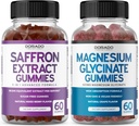 Suplemen Saffron (60 Gummies) 5 dari 1 Formula Gula Bebas Gummy - Delicious Raspberry Flavor dan Magnesium Glycinate (60 Count) Pure Glycinate Gummy untuk Dewasa - Non-GMO, Vegan & USA