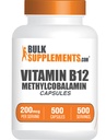 BulkSuplements.com Vitamin B12 Methylcobalamin Capsules - B12 Vitamin Suplemen, B12 200mcg, untuk Dukungan Energi - Gluten Bebas, 1 Capsule per Serving, 500 Capsules (Paket 1)