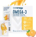 Coromega Omega 3 Oil Suplemen ikan dengan Vitamin D3, 650mg Omega- 3 dengan 3X Lebih baik Absorpsi Dari Softgeels, Tropical Orange Flavor, 30 Serve Squeets Packet