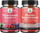 Bundle of Complete Herbal Menopause Supplement for Night Sweats & Mood with Dong Quai Vitex Chaste Berry & Black Cohosh and Pure Biotin Pills for Shiny Thick Food - Get Clear Skin Strong Nails