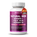 Potensi Tinggi Besi Organik dengan Vitamin C, Acid Folic - Tinggi - Absorpsi Formula Vitamin B1, Vitamin B6, Vitamin B12 - Dukung Gedung Darah - 150 Count - Membuat & Testing di Amerika Serikat