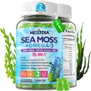 Sea Moss Gummies + Algae Omega- 3 untuk orang dewasa, 15-in-1 Organic Sea Moss Superfood dengan / Vitamin C D3 B12, Turmeric, Bladderwrack, Supports Energy, Brain, Immune, Daily Vitalitas, Sugars-Free, 120 Cts