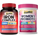 Tambahan Besi untuk Perempuan & Pria, dengan Vitamin C, B6, B12 & Flolate + Vitalibre Perempuan 100 Milyar CFU, 15 Strains, w / Prebiotic, Cranberry, Vitamin B6 & VC,