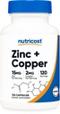 Nutricost Zinc + Copper Capsules (120 Pelayan) (15MG Zinc + 2MG Copper Per Serving) - Non GMO, Vegetarian