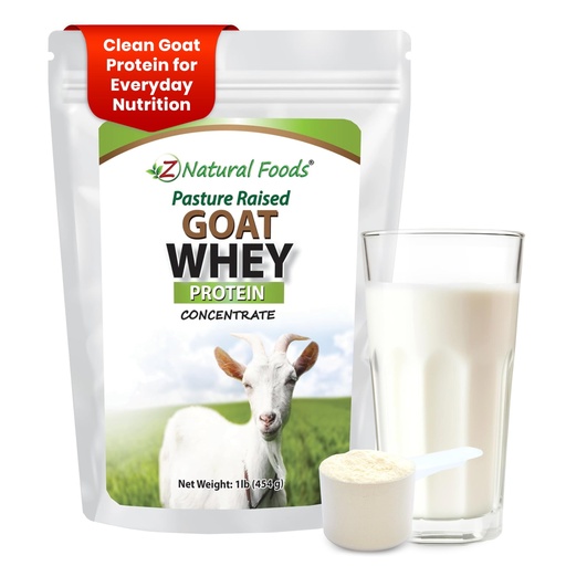 Z Natural Foods Goat Whey Protein Powder Konsentrat - Undenaturated, Unflafedored, Patile Raised Whey - Clean Goat Protein Powder dengan Protein Vital untuk Wheight Management, Imune Dukungan, Fitness, 1 lb