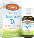 Carlson - Hari Super Bayi D3, Bayi Vitamin D Drops, 400 IU (10 mcg) per Drop, 1 Tahun Suppply, Vegetarian, Cairan Vitamin D untuk Bayi dan Toddlers, Unflashted, 365 Drops