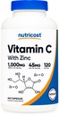Nuttricost Vitamin C dengan Zinc Kapsul, 120 Pelayan - 1000mg, 45mg Zinc, Non-GMO, Gluten Free Vitamin C Suplemen