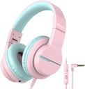 Headphone HS19 Kids dengan Mikrofon untuk Sekolah, Safe Volume Limited, Headphone Anak-Anak Lebih Ear untuk Anak-anak dengan Shareport, Wired Dapat dipakai untuk iPad / Travel (Pink)