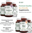 Natural Nutra Potasium Gluconate 99 mg dan Zinc Gluconate Suplemen 50 mg membantu mempertahankan tingkat kekebalan dan energi, Gluten Free, Escalypfor Good Health.