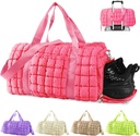 Quilted Gym Bag Duffle for Women, Duffle Bag for Travel for Shoes Complets, Puffer Weekender Bags Overnight Carry On Bag with Trolley Sleeve for Airplanes, Personal Item Sports Duffel Dance Bag (Pink)