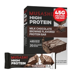 Bar Protein Tinggi MUSASHI, 45g Protein, 2g Total Sugars, Milk Chocolate Brownie, Post Workout dan Protein Snack On The Go, 12 Pack of 3.2oz (90g) Bars
