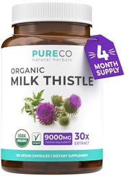PURE CO USDA Organik Milk Thistle Kapsul - 80% Silymarin Suplemen untuk Liver Support - Super berkonsentrasi 300mg dari 30: 1 Milk Thistle Ekstrak Liver Detox 120 Day Suppply