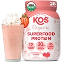 KOS Vegan Protein Powder, Strawberry & Cream USDA Organik - Low Carb Pea Protein Blast, Plant Based Superfood dengan Vitamin & Minamins, Gluten Free - Meal Replacement for Women & Men