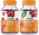 Lifeable Iron dengan Vitamin C + Bawang putih 1000mg, Gummies Bundle - Tasting Besar, Persediaan Vitamin, Gluten Bebas, GMO Bebas, Gummy Chewable