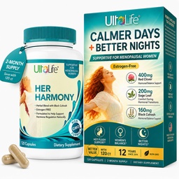 UltaLife Her Harmony Menopause Suplemen Perempuan - Hot Flashes Menopause Relief & Hormone Keseimbangan untuk Perempuan - Berisi Cohosh Hitam, Dong Quai, Red Clover & More - Estrogen Bebas - 120 Kasules