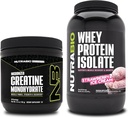 NutraBio Creatine Monohydrate, Unfeatored, 150g and Whey Protein Isolate, Strawberry Ice Cream, Supplemen Bundle - Muscle Energy, Lean Muscle Growth, Recovery, and Power