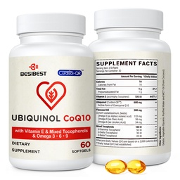 Besibest Ubiquinol CoQ10-600m-Softgel, Aktif Coq10 Ubiquinol Suplemen, dengan Vitamin E & Omega 3, 6, 9, Tinggi Absorption - Koenzim-Q10, Antioksidant Kuat untuk Produksi Energi, Diuji, 60 Cacah