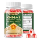 Vegan Omega 3 Gummies 1200mg - Dual Oil Alternatif, Marine Algae Omega 3 Suplemen DHA 600mg, EPA 400mg dengan Astaxanthin, Sugar Free, 60 Cts