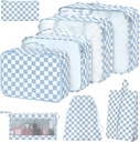8 Set Packing Cubes for Suitcases, Packing Cubes with Shoe Bag, Cosmetics Bag, Clothing Bags, Accesorories Bags Cubes for Travel Lullable Organizer Men (Blue Checkered)
