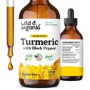 Wild & Organic Turmeric Tincture - Curcumin Turmeric dengan Ekstrak Pepper Hitam - Dukungan Mobility - Curcumin Root Liquid Drops - Vegan, Sugar & Alcohol- Free - 4 fl oz