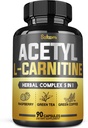5in1 Acetyl L-Carnitine Complex Capsules - 2600mg Daily - Body, Brain & Imune Health Support - Combined Alpha Lipoic Acid, Green Tea, Green Coffee Bean & Raspberry Ketones - 90 Counts untuk 3 Bulan