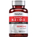 Piping Rock Vitamin K2 D3 Tambahan 124; 100 mcg 124; 180 Softgels 124; Kompleks dengan MK7 126; Non-GMO, Gluten Bebas