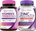 Dokter 's Recipes Women' s Probiotic & Zinc Bundle, Digeptical, Vaginal & Urinary Health, Natural Ammune Defense, Dedable Rilis Probiotic Capsules 60ct & Zinc Capsules 120 ct