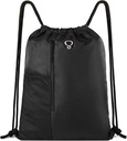 BeeGreen Black Drawstring Backpack Gym Bags For Men Women String Sports Backpack with Water Bottle Mesh Pocket And 2 Zippered Pocket Large Crackpack Workout "X 20"