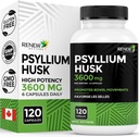 Renew Actives Psyllium Husk 1200MG per 2 Kapsul - Bulk- Forming Laxative & Soluble Fiber for Digetical Health, Regularity & Adult Wellness - Murni Ingreations - Dibuat di Kanada - 120 Capsules