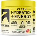 Ascent Clean Hydration + Energy Electrolytes Powder - 100mg Caffeine, 400mg Electrolites, Tidak ada Ingrediers Articial, Citrus 40 Servings